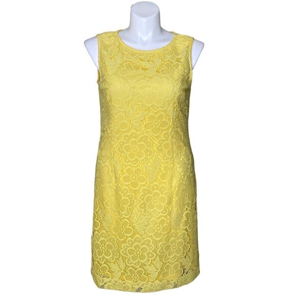 New York & Company Yellow Floral Lace Sheath Dress, Sleeveless Women's Size 14 - Picture 2 of 10